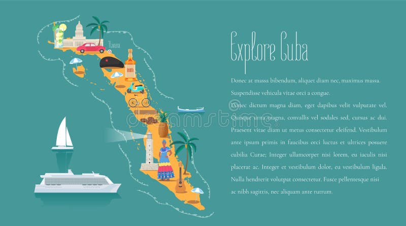 Map of Cuba in article template vector illustration, design element. Icons with Cuban landmarks, famous cultural objects, mojito, Che. Map of Cuba in article template vector illustration, design element. Icons with Cuban landmarks, famous cultural objects, mojito, Che