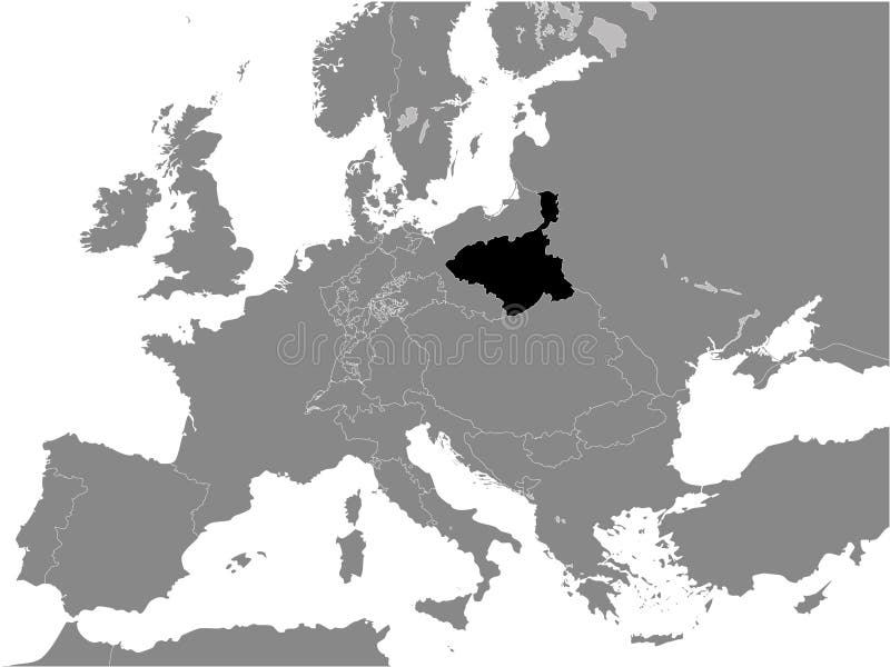 Black Flat Map of Duchy of Warsaw year 1812 inside Gray Map of European Continent. Black Flat Map of Duchy of Warsaw year 1812 inside Gray Map of European Continent