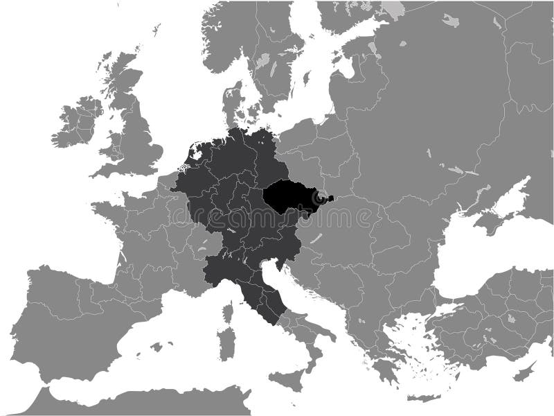 Black Flat Map of Duchy of Bohemia within the Holy Roman Empire 11th century inside Gray Map of European Continent. Black Flat Map of Duchy of Bohemia within the Holy Roman Empire 11th century inside Gray Map of European Continent