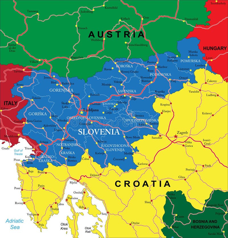 Highly detailed vector map of Slovenia with administrative regions, main cities and roads. Highly detailed vector map of Slovenia with administrative regions, main cities and roads.