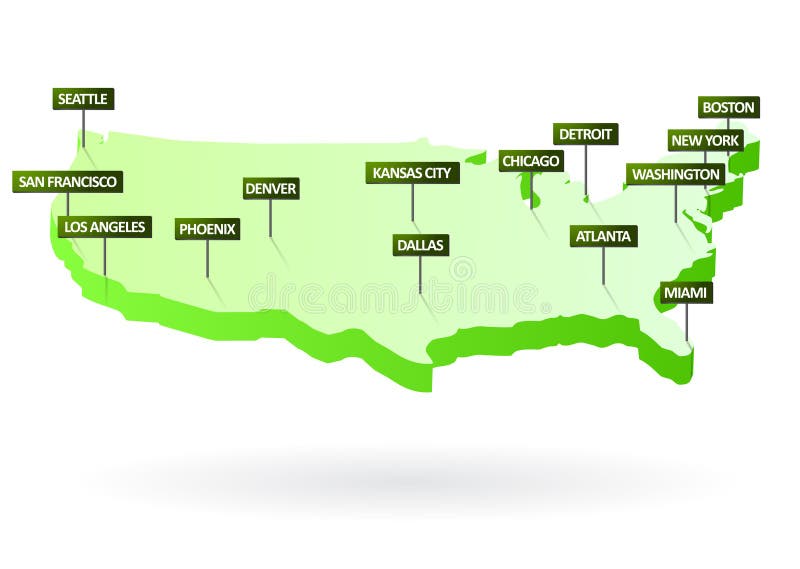 Mapa 3D dos Estados Unidos com cidades ilustração royalty free