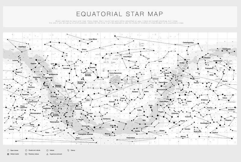 Mapa de estrella detallado con nombres de las estrellas, de los contellations y de objetos más sucios, vector blanco y negro