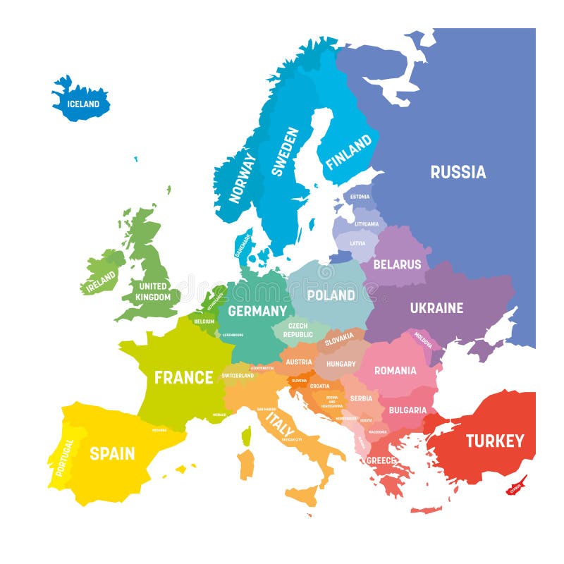 Mapa de Europa en colores del espectro del arco iris. Con nombres de paÃ­ses europeos