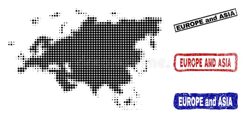 Mapa de Europa y de Asia en Dot Style de semitono con los sellos del título del Grunge ilustración del vector Mapa de Europa y de Asia en Dot Style de semitono con los sellos del título del Grunge ilustración del vector