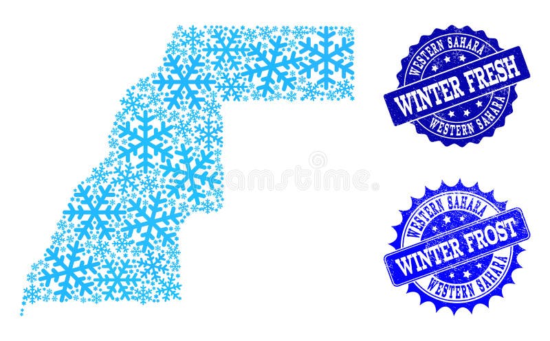 Snowflake map of Western Sahara and rubber stamp seals in blue colors with Winter Fresh and Winter Frost titles. Mosaic map of Western Sahara is created with ice elements. Snowflake map of Western Sahara and rubber stamp seals in blue colors with Winter Fresh and Winter Frost titles. Mosaic map of Western Sahara is created with ice elements.