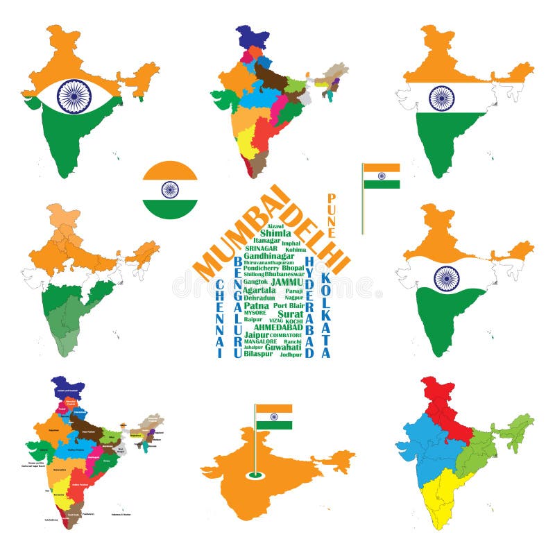 Mapa de India, cidades índia, estados e bandeira de india ilustração do vetor Mapa de India, cidades índia, estados e bandeira de india ilustração do vetor