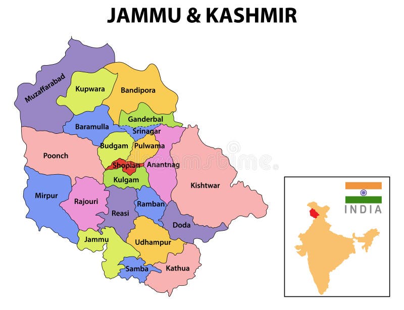 Mapa de jammu e caxemira. mapa distrital de jammu e caxemira em 2020. mapa distrital de jammu e caxemir a cores com capital. ilustração stock