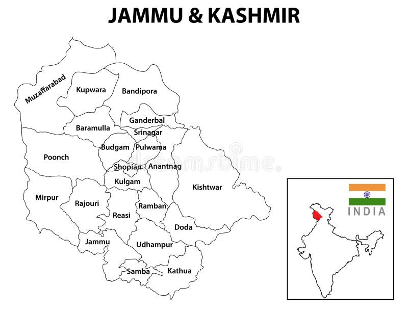 Mapa de jammu e caxemira. mapa distrital de jammu e caxemira em 2020. mapa distrital de jammu e caxemir a cores com capital. ilustração stock