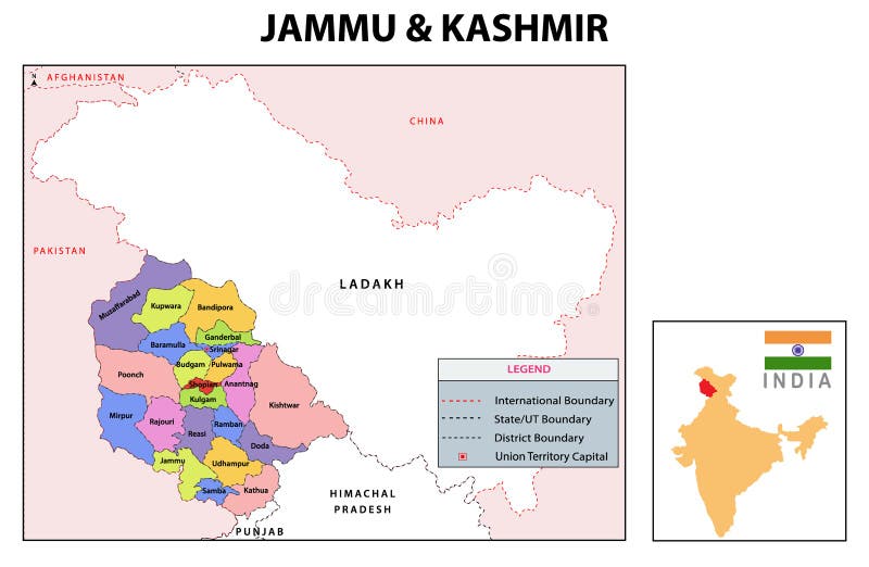 Mapa de Jammu e Caxemira. Mapa distrital de Jammu e Caxemira em 2020. Mapa distrital de Jammu e Caxemira a cores com a capital ilustração do vetor