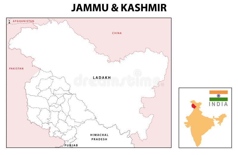 Mapa de Jammu e Caxemira. Mapa distrital de Jammu e Caxemira em 2020. Mapa distrital de Jammu e Caxemira a cores com a capital ilustração royalty free