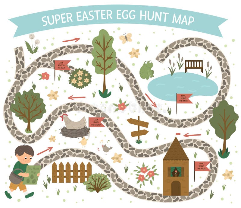 Mapa de la caza de huevos de Pascua Conjunto de elementos de caricatura de resorte plano libre illustration Mapa de la caza de huevos de Pascua Conjunto de elementos de caricatura de resorte plano libre illustration