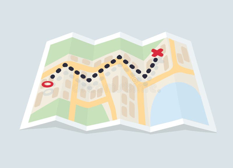Mapa de la ciudad con la ruta, el punto inicial y el destino