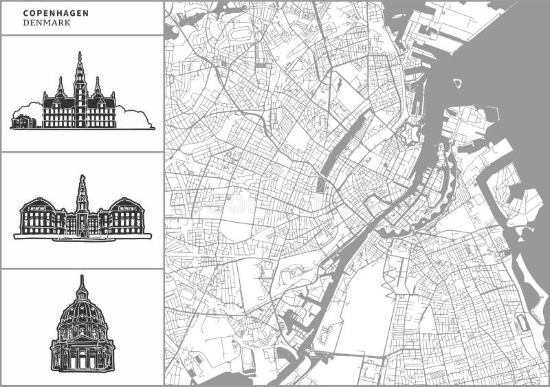 Mapa de la ciudad de Copenhague con los iconos a mano de la arquitectura