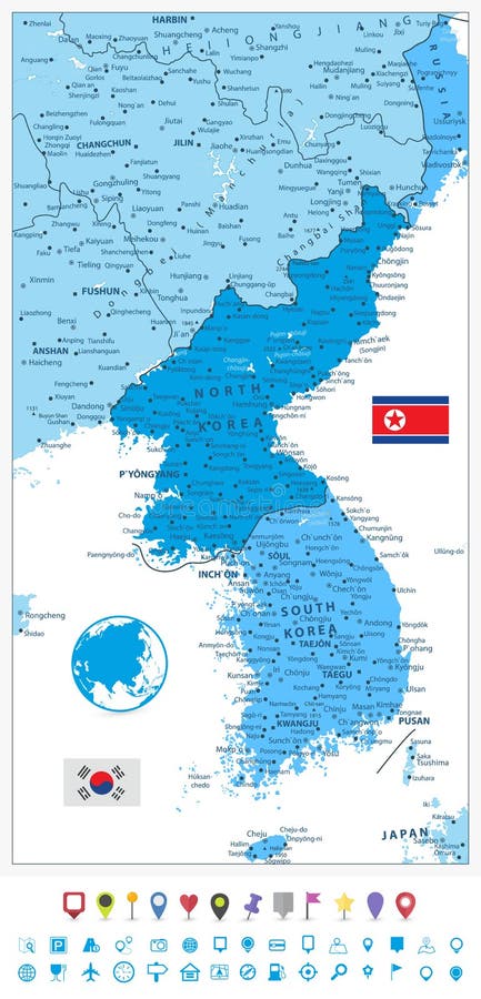 Mapa de la península de Corea en colores del icono azul y plano de la navegación ilustración del vector Mapa de la península de Corea en colores del icono azul y plano de la navegación ilustración del vector