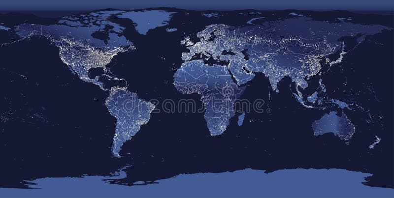 Mapa de las luces de la ciudad del mundo Opinión de la tierra de la noche del espacio Ilustración del vector
