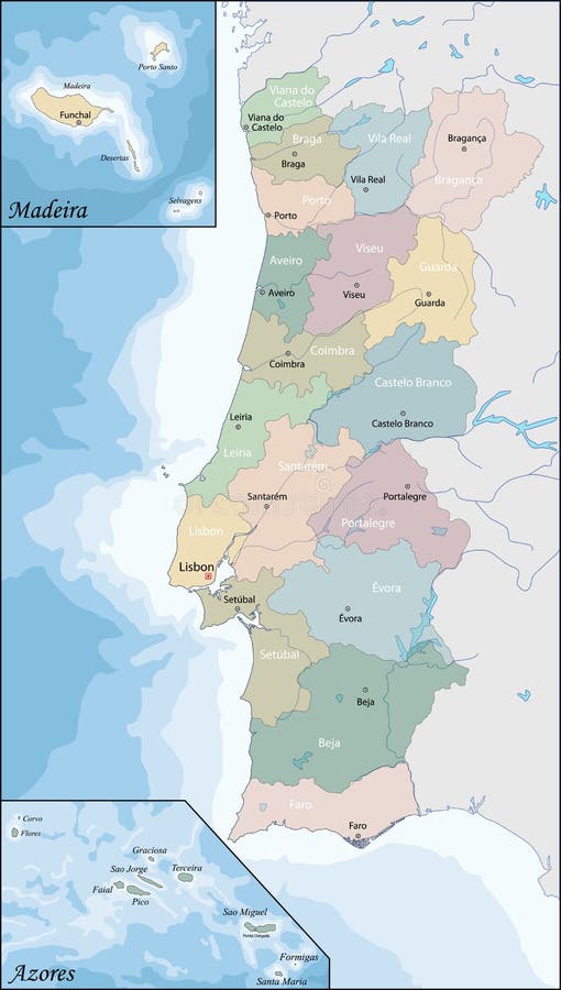 Mapa portugal com regiões e concelhos, distritos Stock Vector