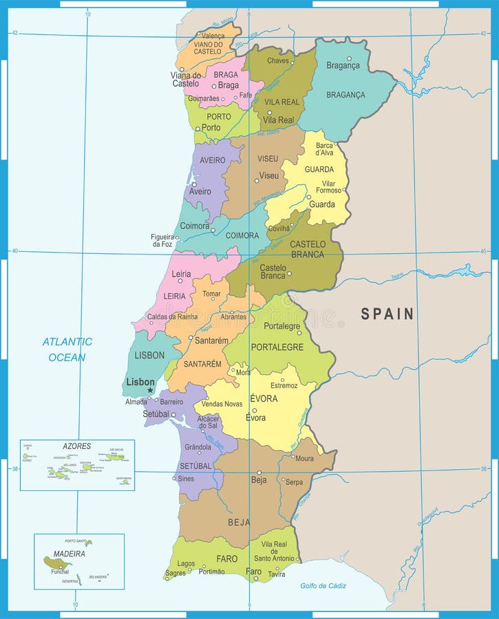 Mapa colorido de portugal com regiões e principais cidades ilustração em  vetor