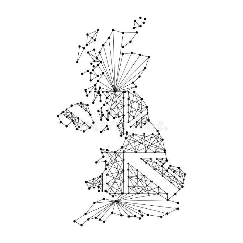 Mapa de Reino Unido de Gran Bretaña e Irlanda del Norte con la bandera dentro de las líneas negras poligonales, puntos del illust ilustración del vector Mapa de Reino Unido de Gran Bretaña e Irlanda del Norte con la bandera dentro de las líneas negras poligonales, puntos del illust ilustración del vector