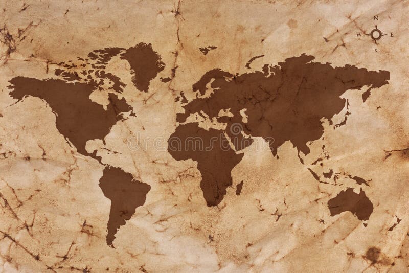 Mapa de Velho Mundo no papel de pergaminho vincado e manchado imagem de stock Mapa de Velho Mundo no papel de pergaminho vincado e manchado imagem de stock