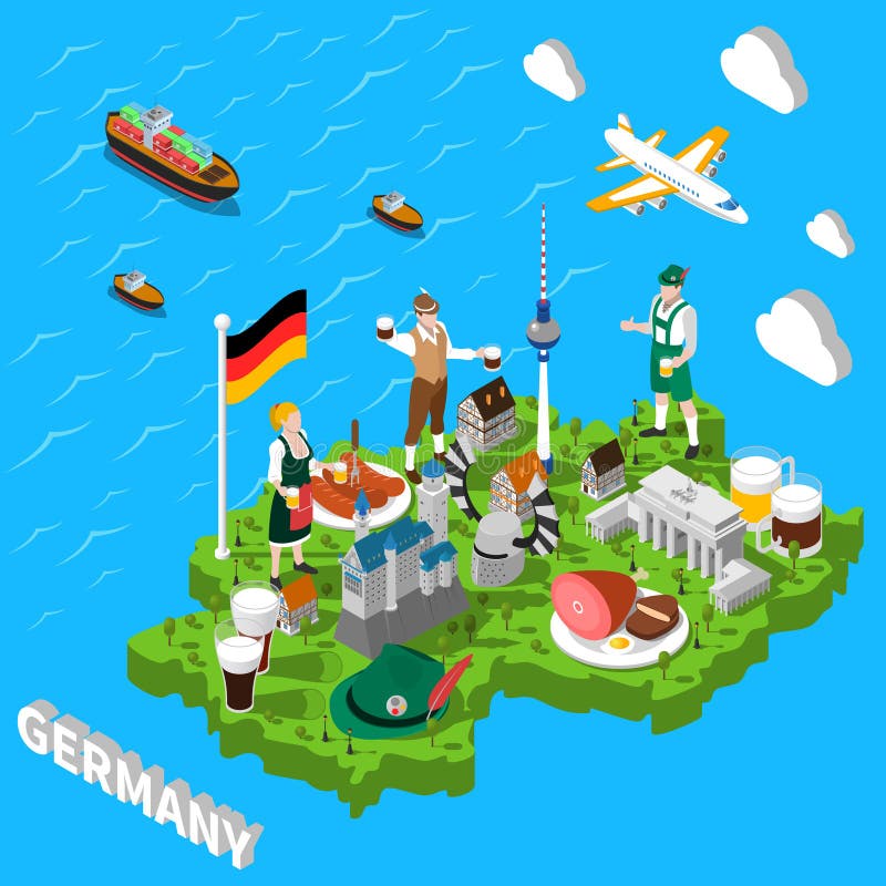 Mapa de visita turístico de excursión isométrico de Alemania para los turistas ilustración del vector Mapa de visita turístico de excursión isométrico de Alemania para los turistas ilustración del vector