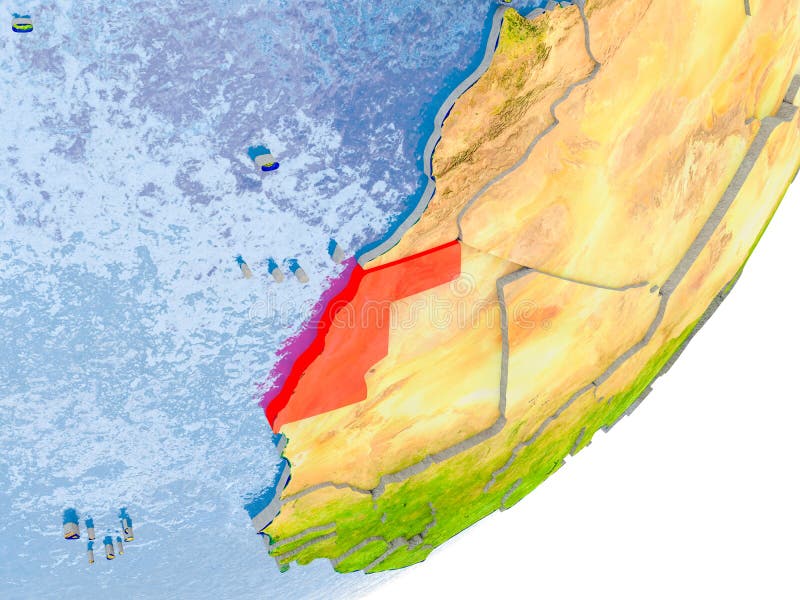 3D render of Western Sahara on political globe with embossed countries with real land surface and water in place of ocean. 3D illustration. Elements of this image furnished by NASA. 3D render of Western Sahara on political globe with embossed countries with real land surface and water in place of ocean. 3D illustration. Elements of this image furnished by NASA.