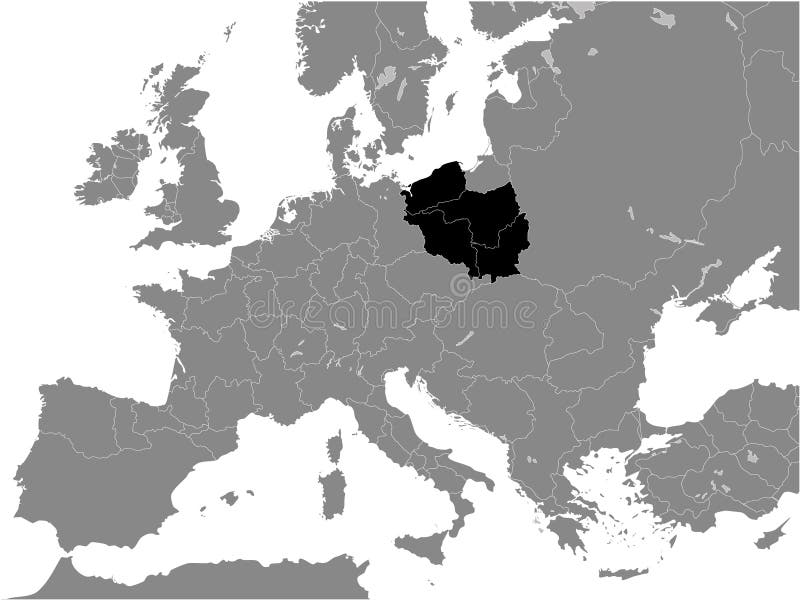 Black Flat Map of Duchy of Poland year 1000 inside Gray Map of European Continent. Black Flat Map of Duchy of Poland year 1000 inside Gray Map of European Continent