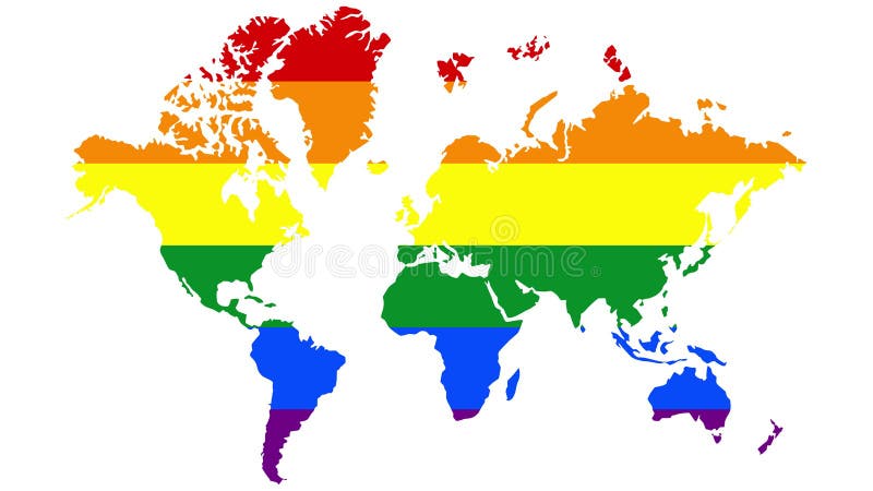 Mapa del mundo con colores de bandera lgbt arcoiris. animación