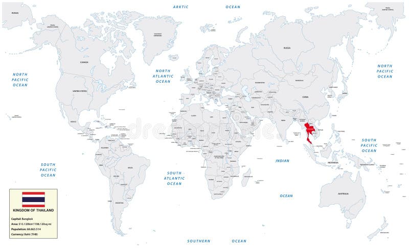 Mapa del mundo con el Reino de Tailandia, la pequeña caja de la información y la bandera stock de ilustración Mapa del mundo con el Reino de Tailandia, la pequeña caja de la información y la bandera stock de ilustración
