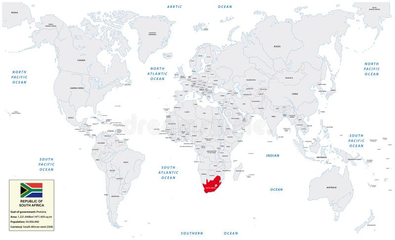 Mapa del mundo con la República Surafricana, la pequeña caja de la información y la bandera stock de ilustración Mapa del mundo con la República Surafricana, la pequeña caja de la información y la bandera stock de ilustración