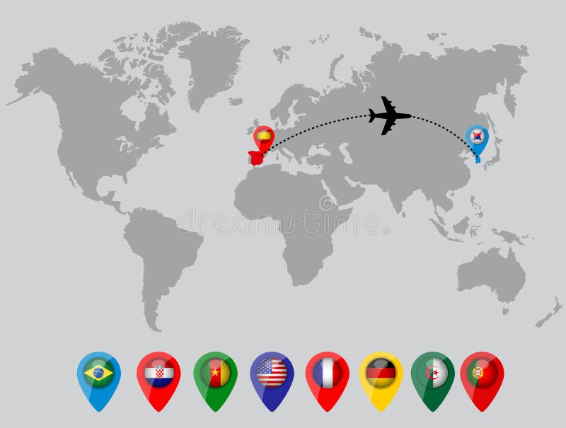 Mapa del mundo con los pernos de la bandera de país stock de ilustración Mapa del mundo con los pernos de la bandera de país stock de ilustración