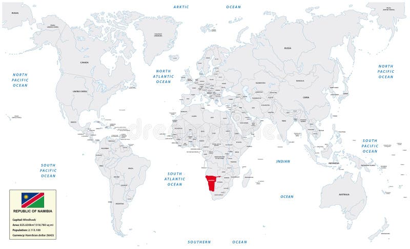 Mapa del mundo con Namibia, la pequeña caja de la información y la bandera ilustración del vector Mapa del mundo con Namibia, la pequeña caja de la información y la bandera ilustración del vector