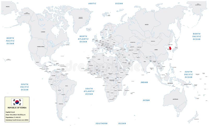 Mapa del mundo con República de Corea, la pequeña caja de la información y la bandera ilustración del vector Mapa del mundo con República de Corea, la pequeña caja de la información y la bandera ilustración del vector