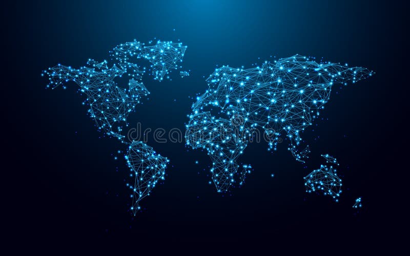 Mapa del mundo de las líneas y de los triángulos, red de conexión del punto en fondo azul stock de ilustración Mapa del mundo de las líneas y de los triángulos, red de conexión del punto en fondo azul stock de ilustración