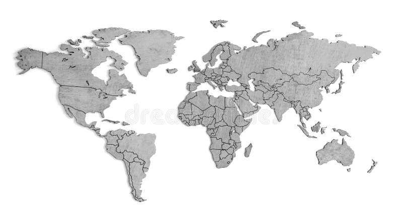 Mapa del mundo de madera en blanco y negro sobre una pared blanca de 5 continentes