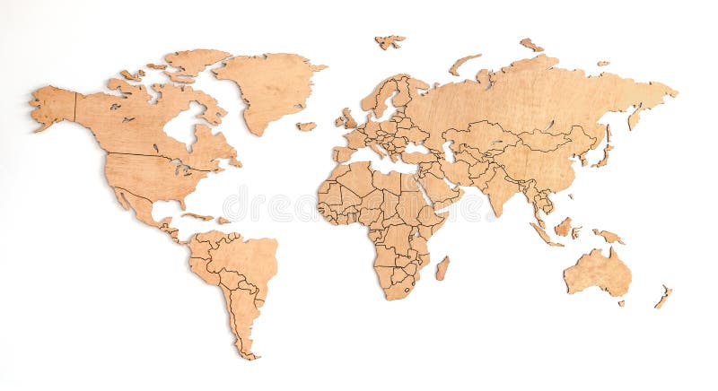 Mapa del mundo de madera sobre una pared blanca