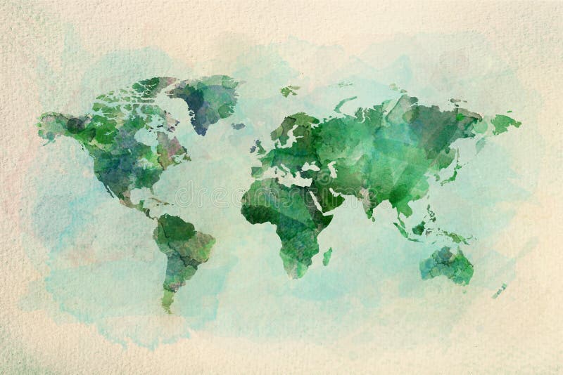 Mapa del mundo del vintage de la acuarela en colores verdes stock de ilustración Mapa del mundo del vintage de la acuarela en colores verdes stock de ilustración