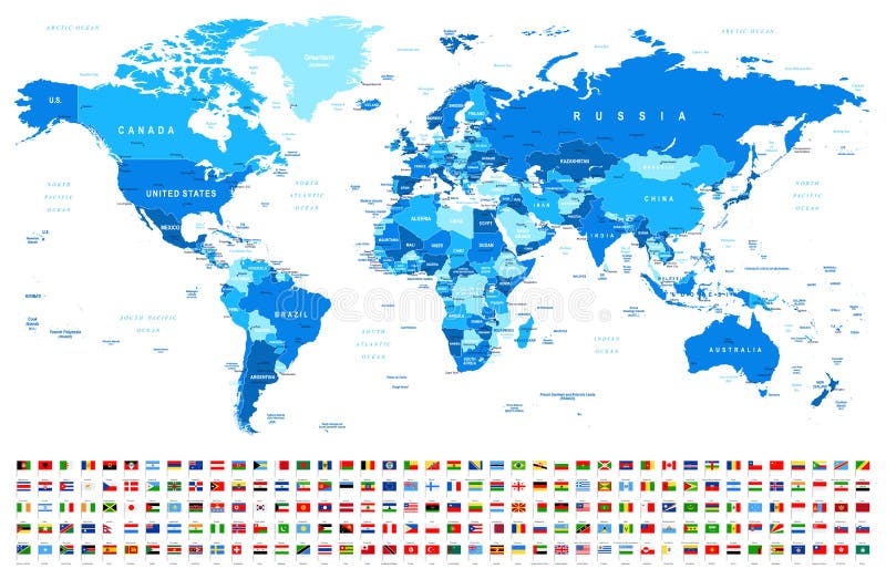 Mapa del mundo y banderas azules - fronteras, países y ciudades - ejemplo libre illustration Mapa del mundo y banderas azules - fronteras, países y ciudades - ejemplo libre illustration