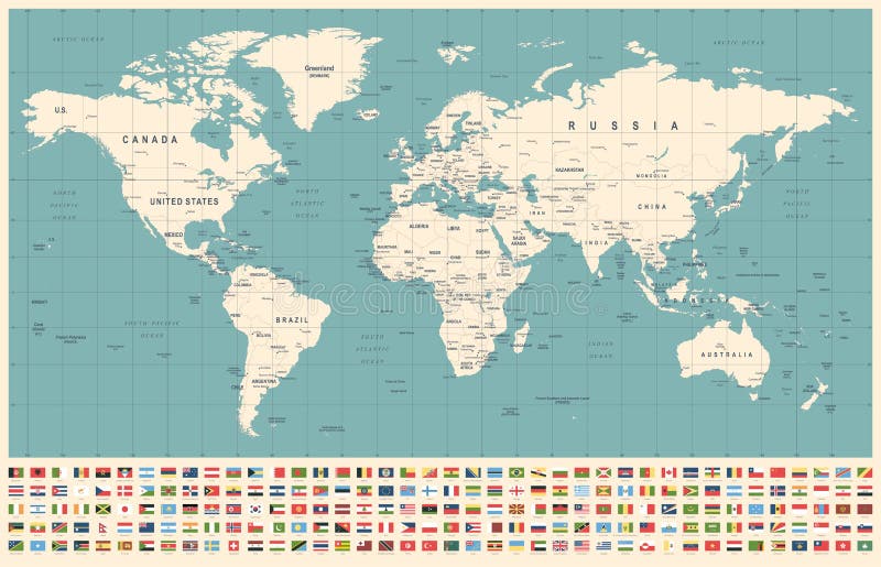 Mapa Del Mundo Y Banderas Azules Fronteras Países Y Ciudades