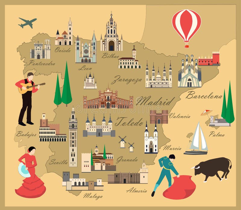 Mapa del viaje de España con vistas ilustración del vector Mapa del viaje de España con vistas ilustración del vector