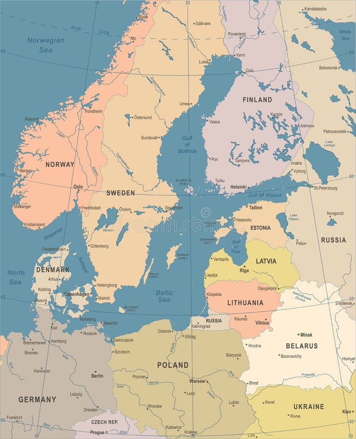 Mapa del área de mar Báltico - ejemplo del vector del vintage libre illustration