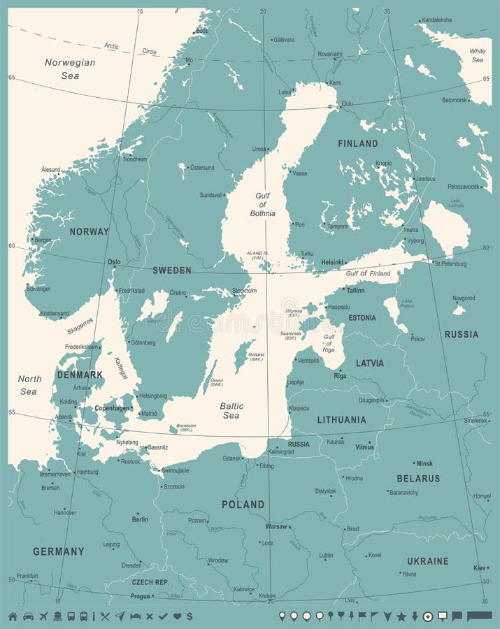 Mapa del área de mar Báltico - ejemplo del vector del vintage ilustración del vector