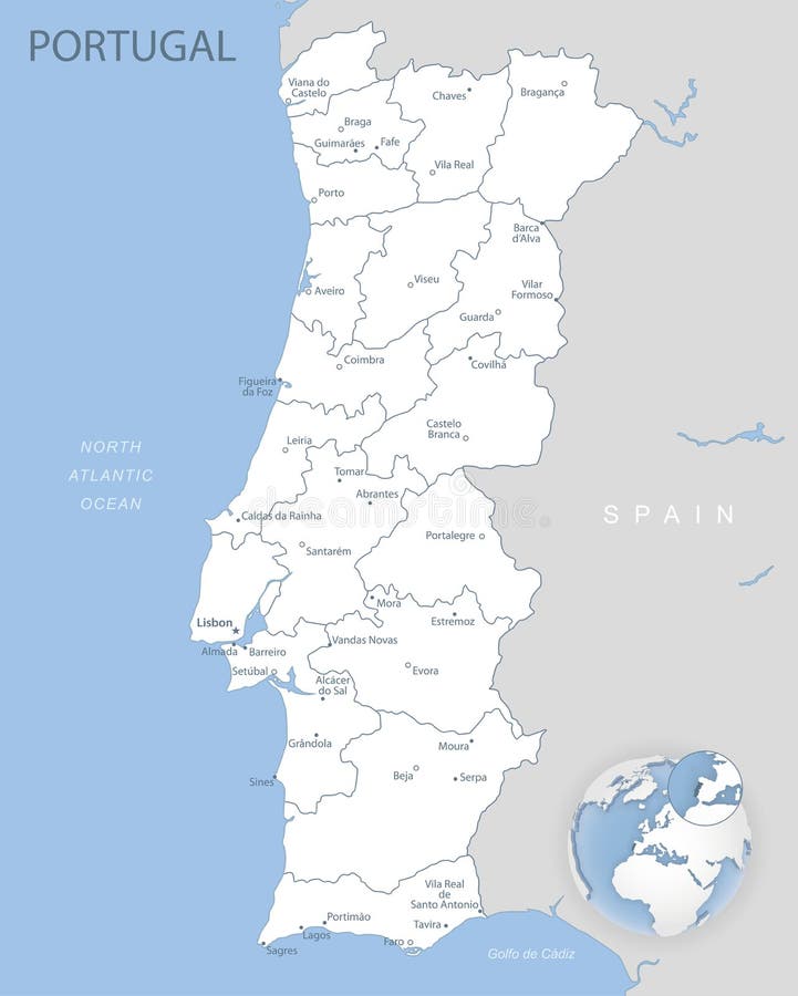 Portugal Mapa Divisões Administrativas e Estradas imagem vetorial