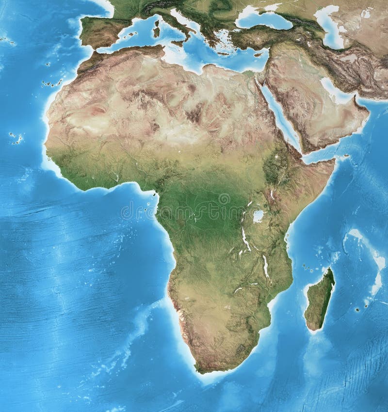 Physical map of Africa, with high resolution details. Flattened satellite view of Planet Earth, its geography and topography. 3D illustration - Elements of this image furnished by NASA. Physical map of Africa, with high resolution details. Flattened satellite view of Planet Earth, its geography and topography. 3D illustration - Elements of this image furnished by NASA