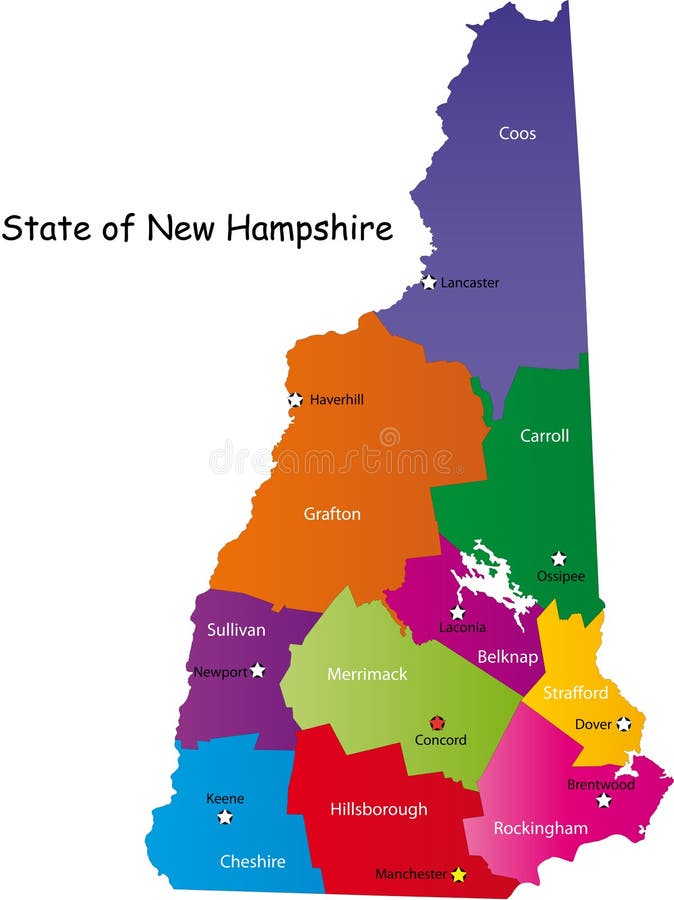 Map of New Hampshire state designed in illustration with the counties and the county seats. (Map is hight resolution). Map of New Hampshire state designed in illustration with the counties and the county seats. (Map is hight resolution)