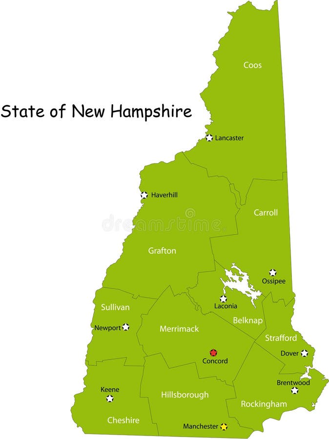 Map of New Hampshire state designed in illustration with the counties and the county seats. (Map is hight resolution). Map of New Hampshire state designed in illustration with the counties and the county seats. (Map is hight resolution)