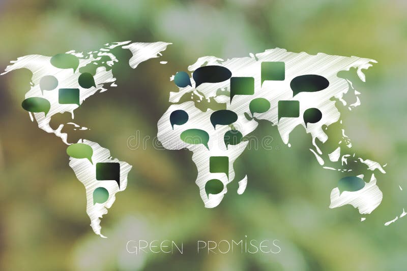 Green promises conceptual illustration: world map with green speech bubbles representing environmentally friendly policies and initiative. Green promises conceptual illustration: world map with green speech bubbles representing environmentally friendly policies and initiative