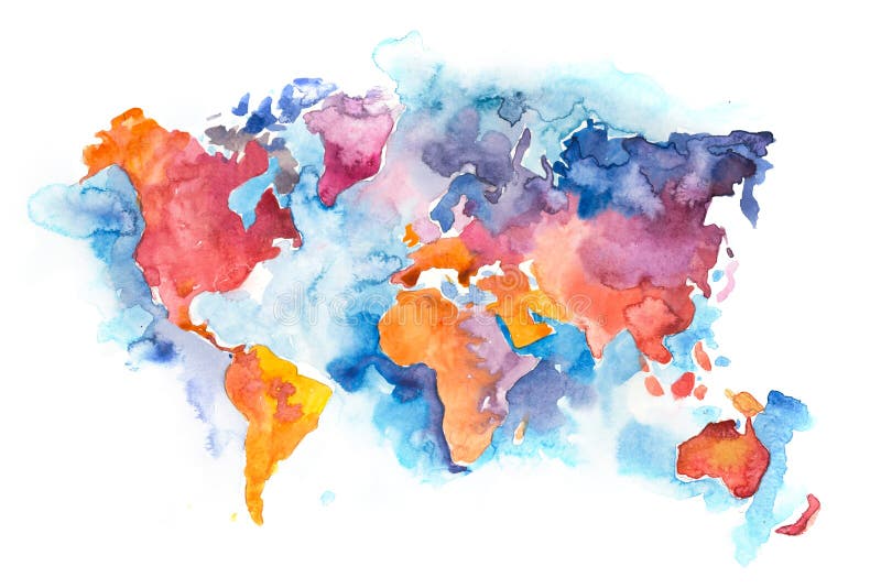 Mapa do mundo com oceanos e mares. desenhado com aquarela