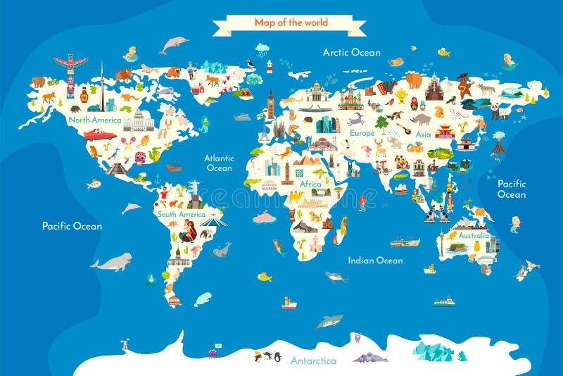 Mapa do mundo dos animais, Ámérica do Sul com marcos ilustração do vetor Mapa do mundo dos animais, Ámérica do Sul com marcos ilustração do vetor