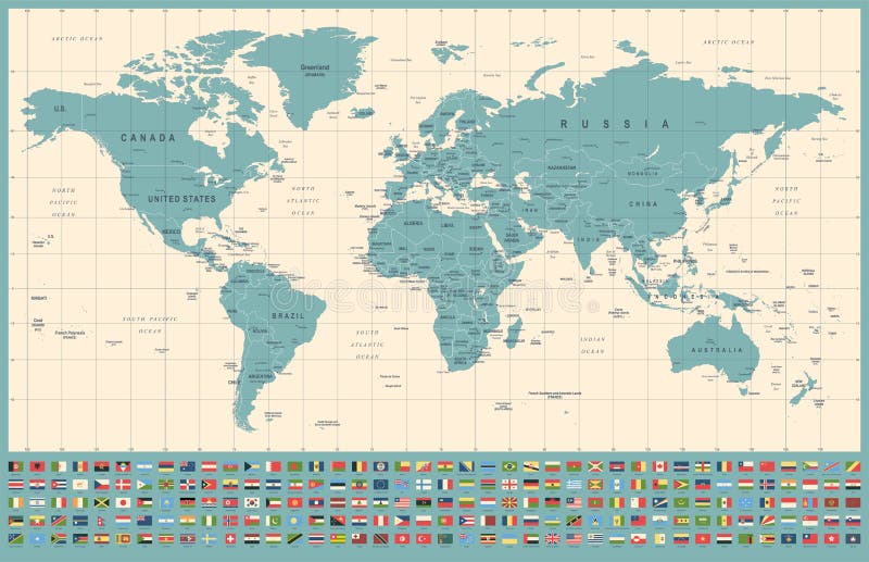 Mapa do mundo e bandeiras - beiras, países e cidades - ilustração do vintage ilustração stock Mapa do mundo e bandeiras - beiras, países e cidades - ilustração do vintage ilustração stock