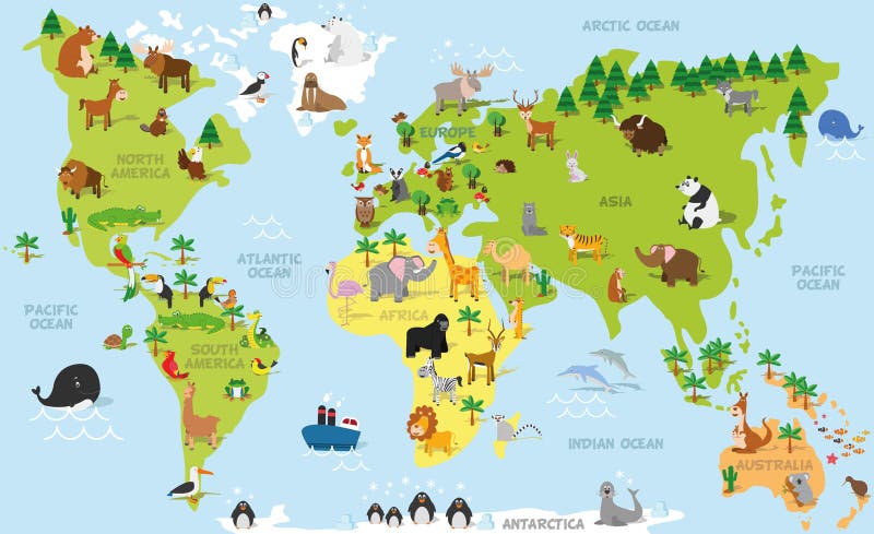 Mapa do mundo engraçado dos desenhos animados com os animais tradicionais de todos os continentes e oceanos Ilustração do vetor p